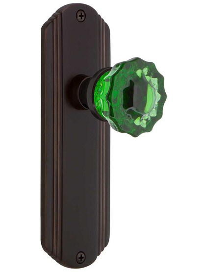 Streamline Deco Door Set with Colored Fluted Crystal Glass Knobs Emerald in Timeless Bronze.
